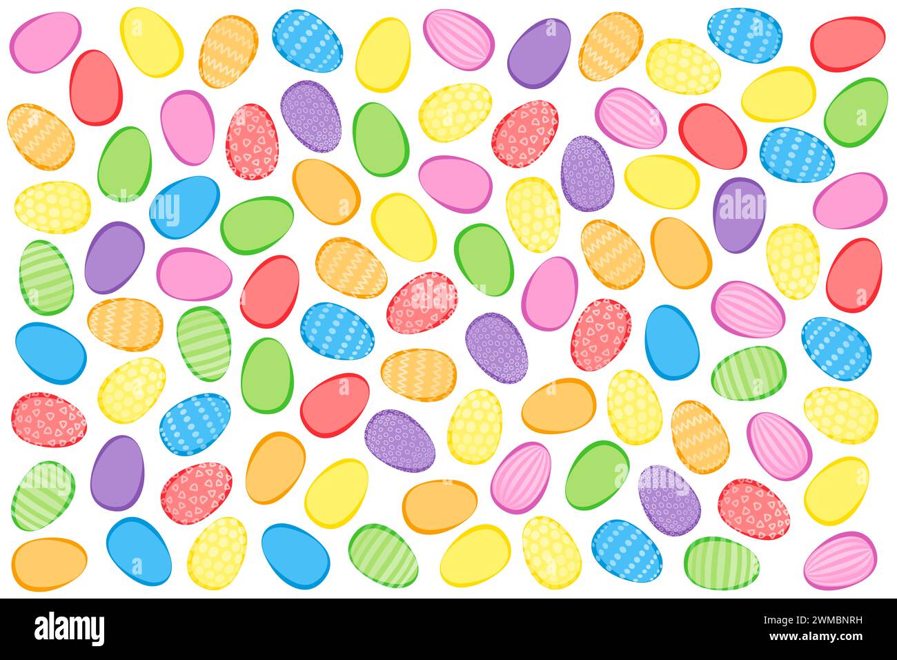 Colorful Easter eggs background. Numerous easter eggs, brightly colored and some with decorative patterns, criss-cross and randomly arranged. Stock Photo