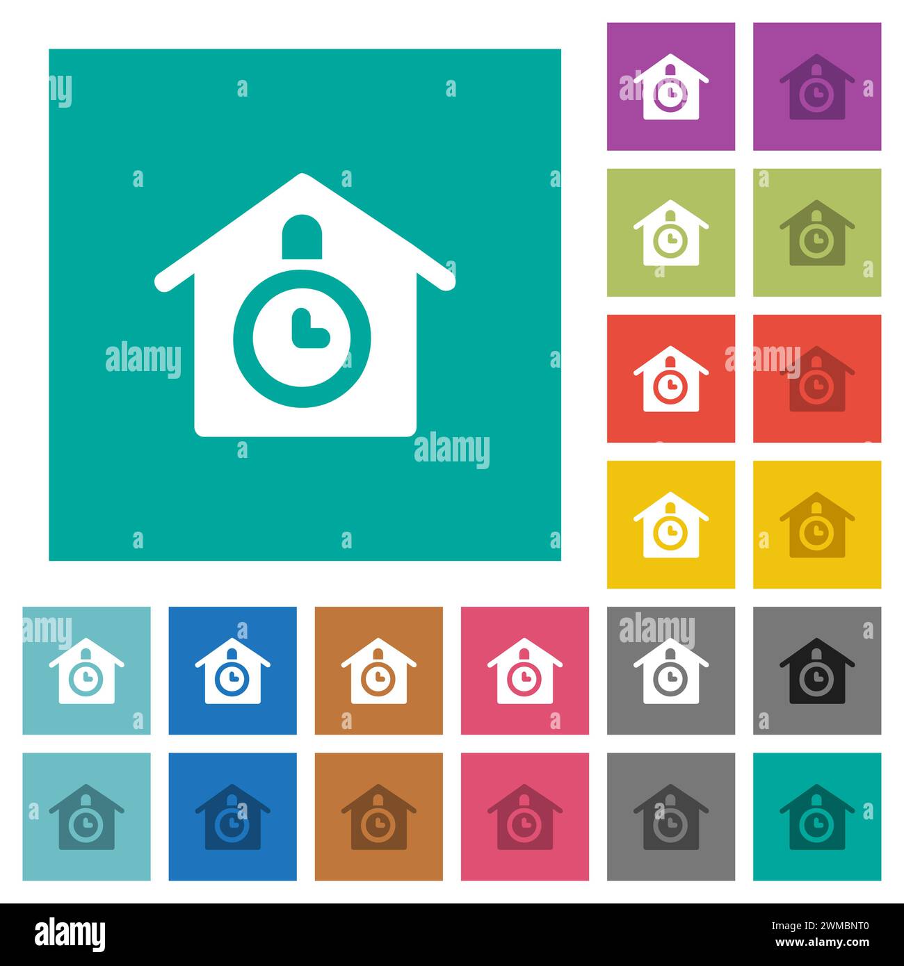 Cuckoo clock solid multi colored flat icons on plain square backgrounds. Included white and darker icon variations for hover or active effects. Stock Vector