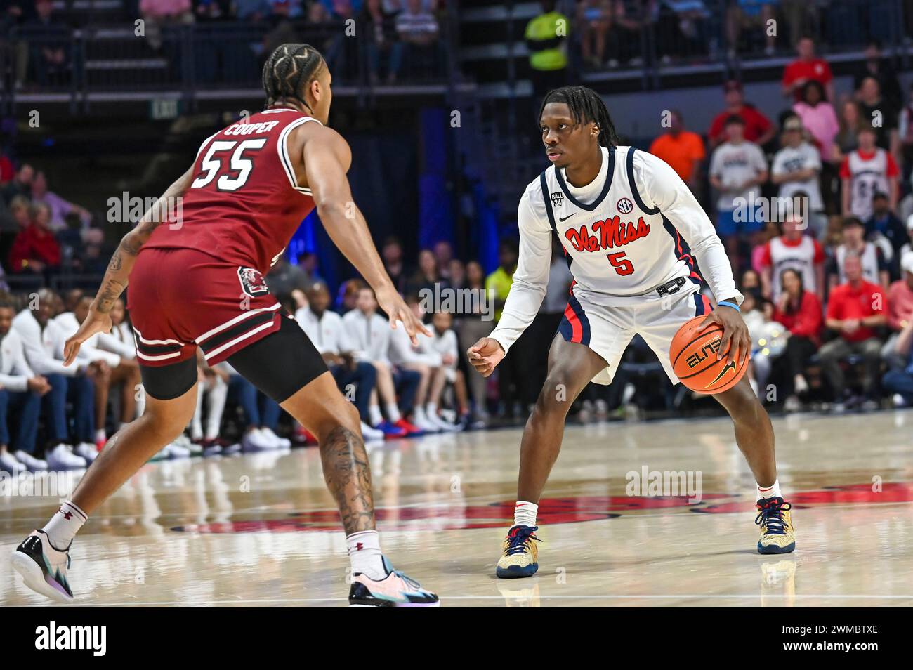 Oxford, MS, USA. 24th Feb, 2024. Ole Miss guard Jaylen Murray (5) looks for an opening against South Carolina guard Ta'Lon Cooper (55) during the college basketball game between the South Carolina Gamecocks and the Ole' Miss Rebels on February 24, 2024 at the SJB Pavilion in Oxford, MS. (Photo by: Kevin Langley/CSM). Credit: csm/Alamy Live News Stock Photo