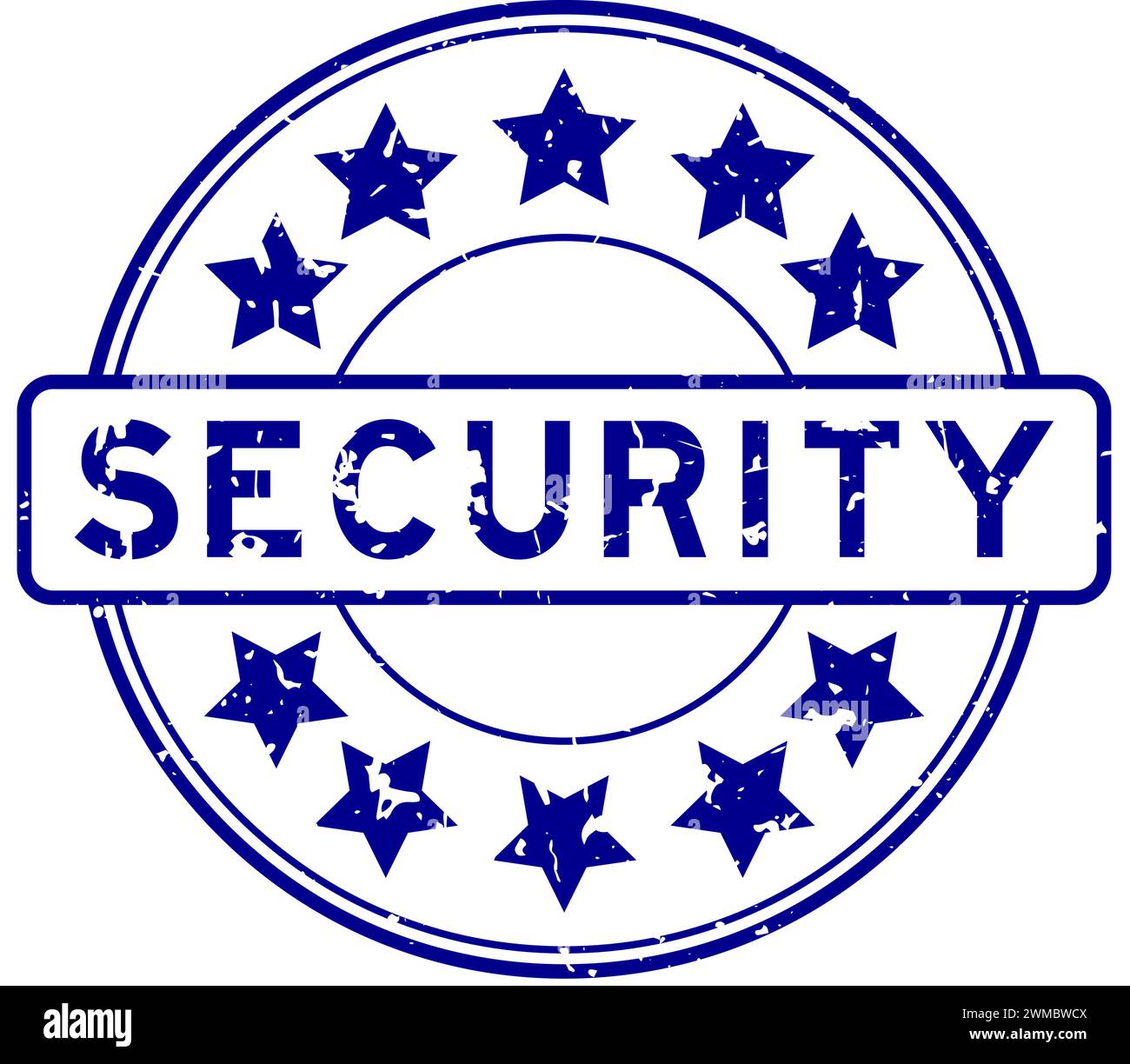 Grunge blue security word with star icon round rubber seal stamp on ...