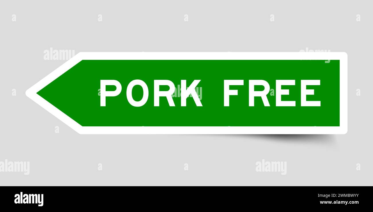 Green color arrow shape sticker label with word pork free on gray background Stock Vector