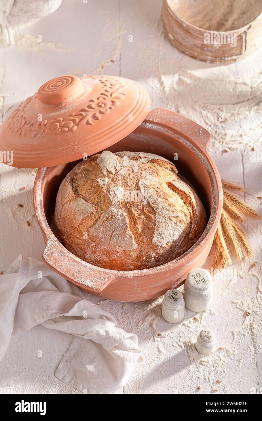 Healthy loaf of bread baked in a baking mold. Bread in the countryside. Stock Photo