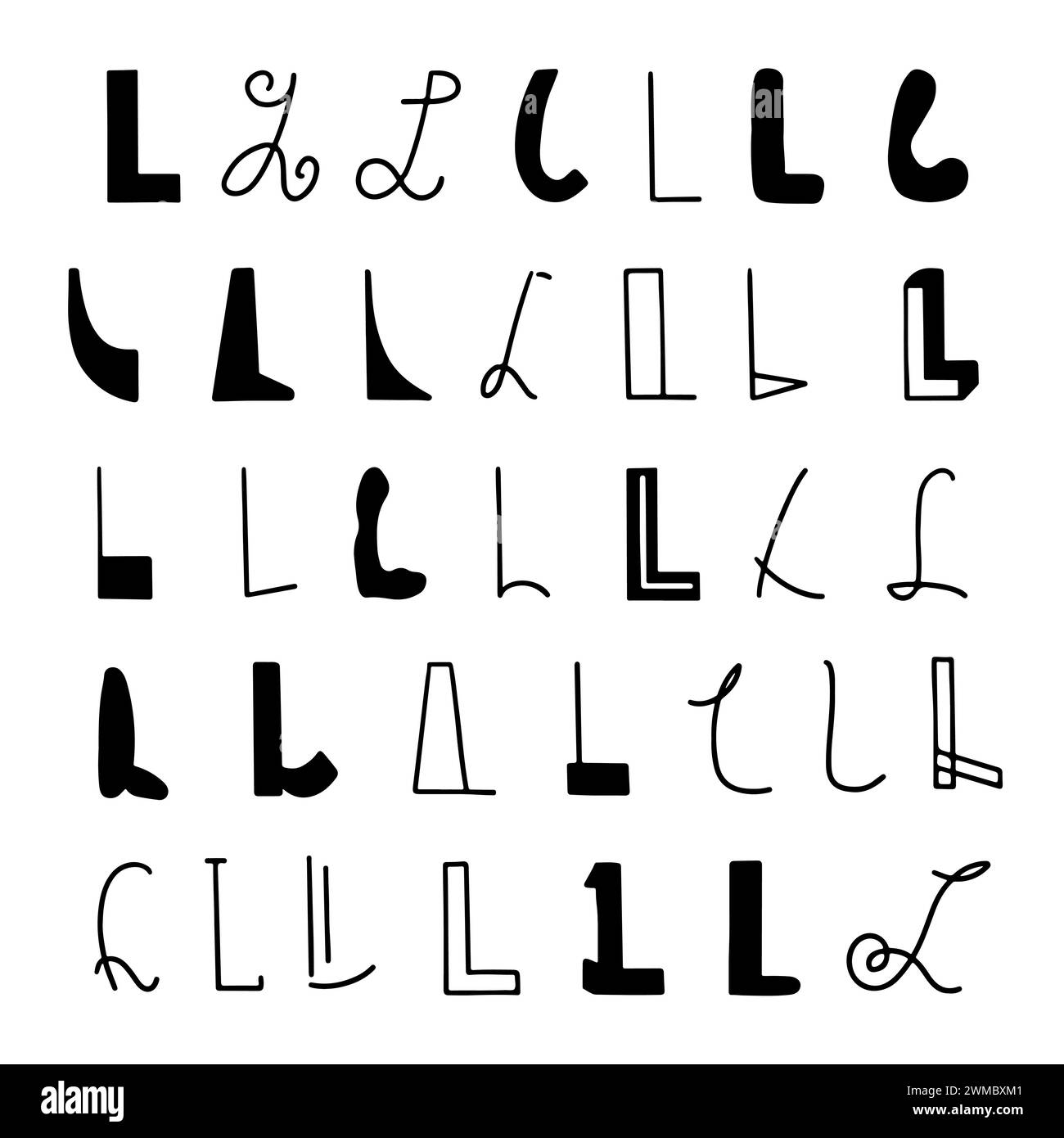 Set of letters L in different styles Hand drawn lettering Isolated on