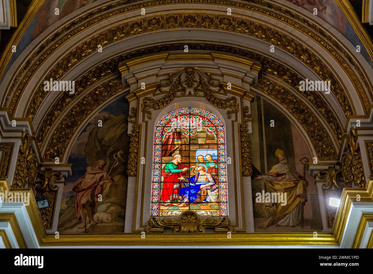 Mdina, Malta - 20 June, 2023: Stained glass windows in St. Paul's Cathedral in Mdina (Malta) Stock Photo