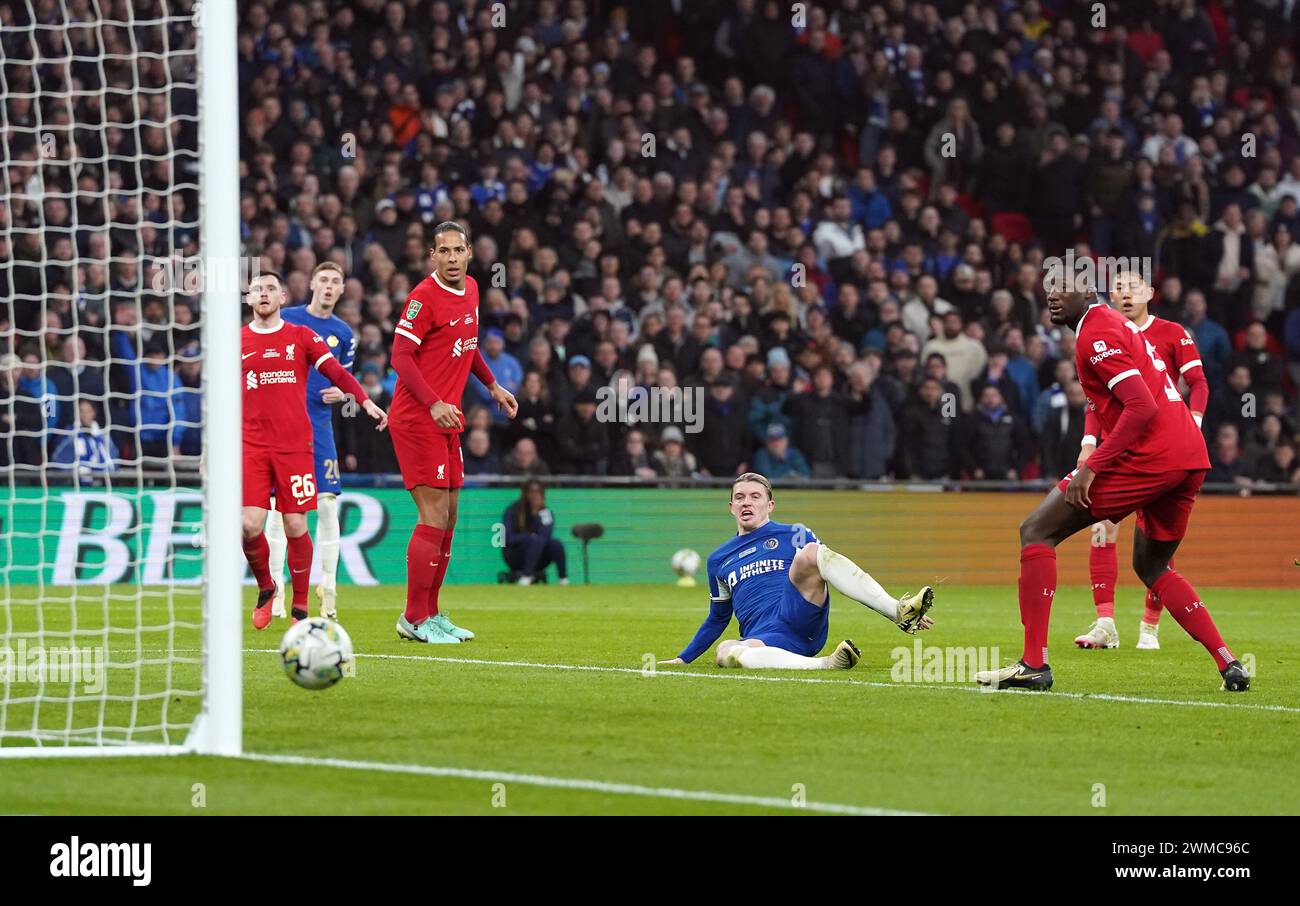 Chelsea's Conor Gallagher sees his shot hit the post during the Carabao ...