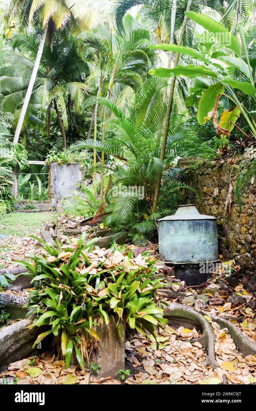 Remnants of the old sugar cane mill machinery dating back to colonial times, dotted around Balenbouche Estate  - Saint Lucia, West Indies Stock Photo