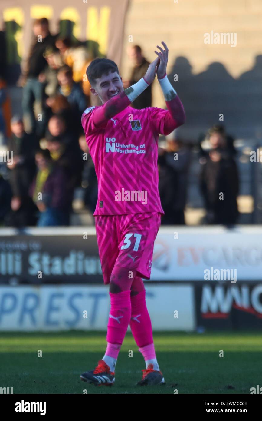 Burton Upon Trent, UK, 24, February, 2024:Northampton Town goalkeeper Louie Moulden celebrates keeping a clean sheet in the EFL League One Burton Albion v Northampton Town Credit: Clive Stapleton/Alamy Live News Stock Photo