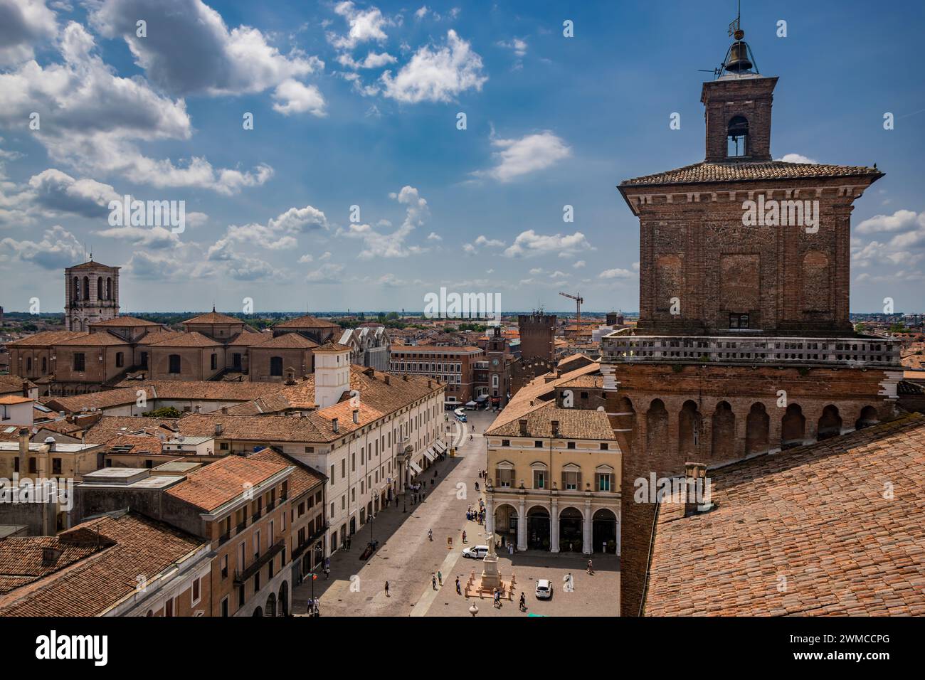 June 4, 2023 - Ferrara, Emilia Romagna, Italy. The city seen from above the imposing Estense castle, built by the noble Este family. UNESCO World Heri Stock Photo