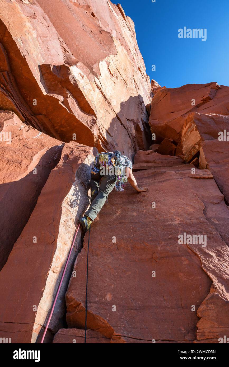 Multi-pitch climbing at the Castleton tower near Moab, Utah, USA Stock Photo