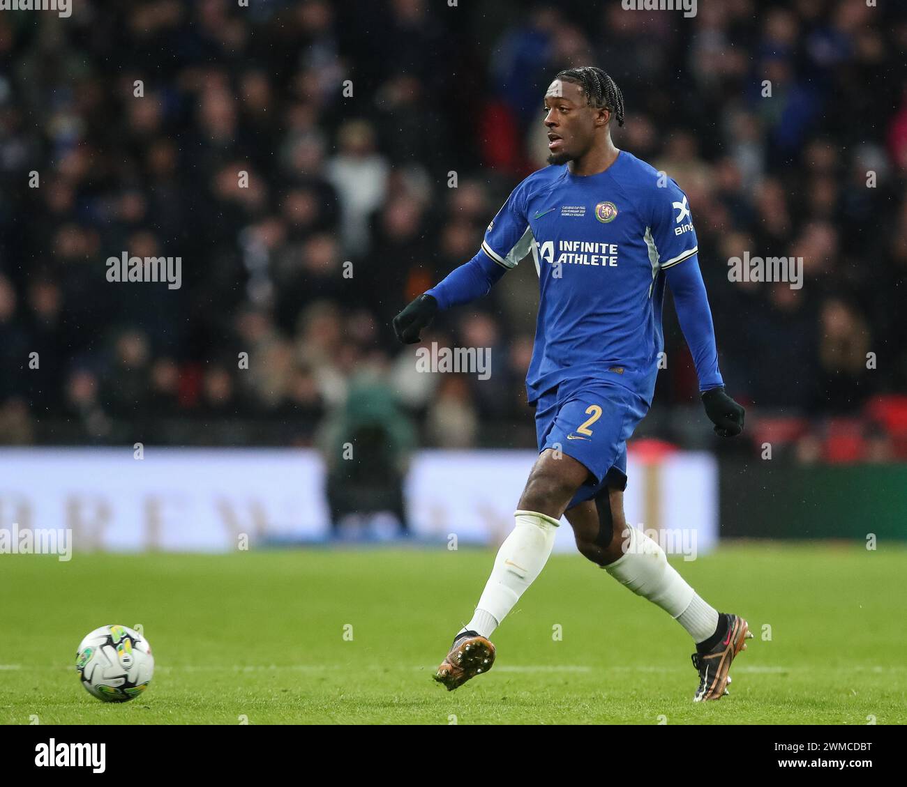 Axel Disasi of Chelsea with the ball during the Carabao Cup Final match Chelsea vs Liverpool at Wembley Stadium, London, United Kingdom, 25th February 2024  (Photo by Gareth Evans/News Images) Stock Photo