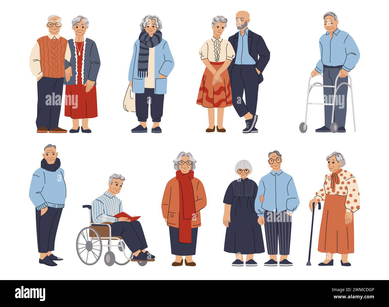 Elder people. Old man and woman standing, person couples, senior older lady, grandmother and grandfather group, happy adult faces. Characters on wheelchair. Vector cartoon flat style isolated set Stock Vector