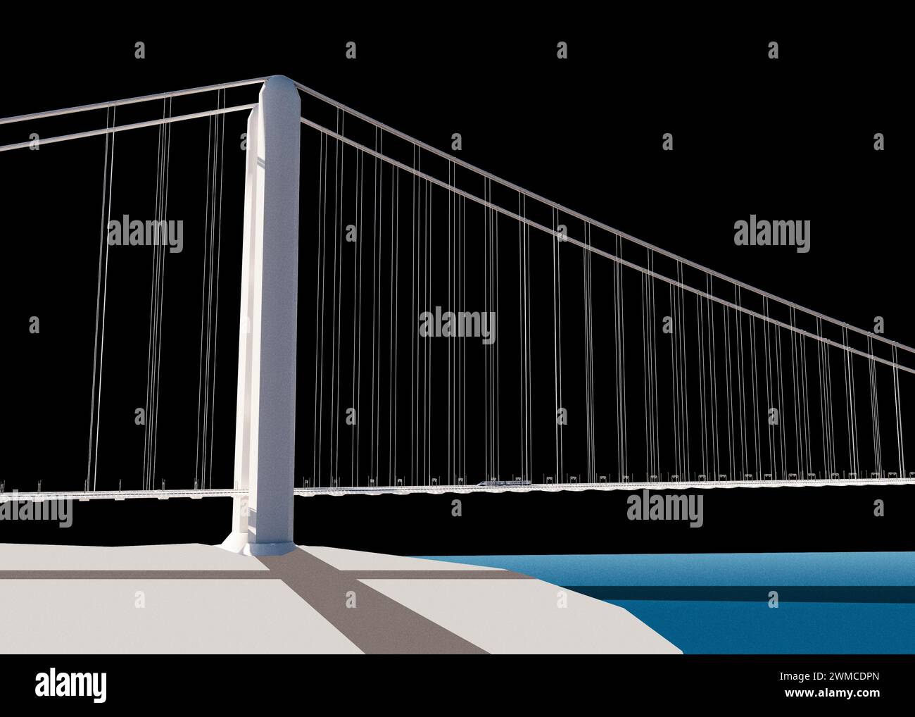 Bridge over the Strait of Messina, design and architecture, study of the deck, towers and suspensions. Architectural project. Sicily, Calabria. Italy Stock Photo