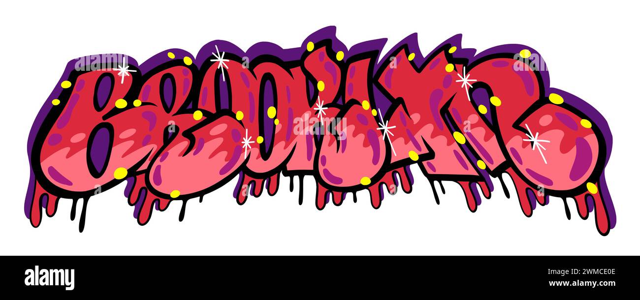 Brooklyn graffiti. Urban street graphic or text sticker. New York city apparel sign. Nyc underground print. Town culture. Spray paint lettering. Ink splashes. Wall painting. Vector NY grunge design Stock Vector
