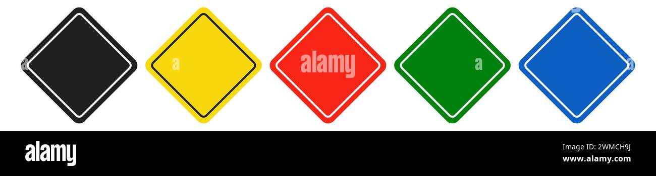 Set of rhombic black, yellow, red, green and blue road signs. Vector illustration of icons for warning about the situation on the road. White isolated Stock Vector