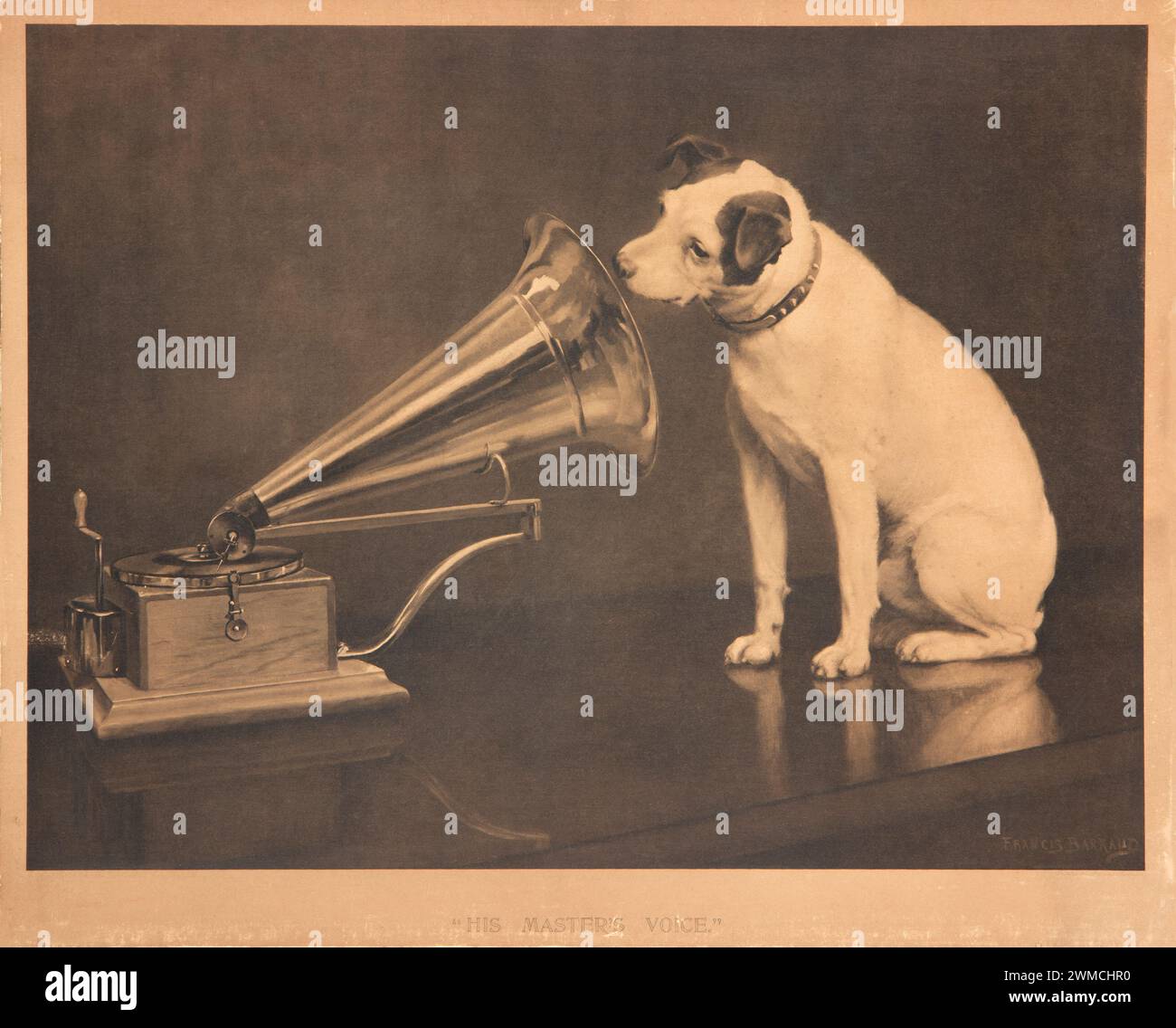 Antique sepia engraving of the famous 1898 painting by English artist Francis Barraud, entitled 'His Master's Voice' Stock Photo