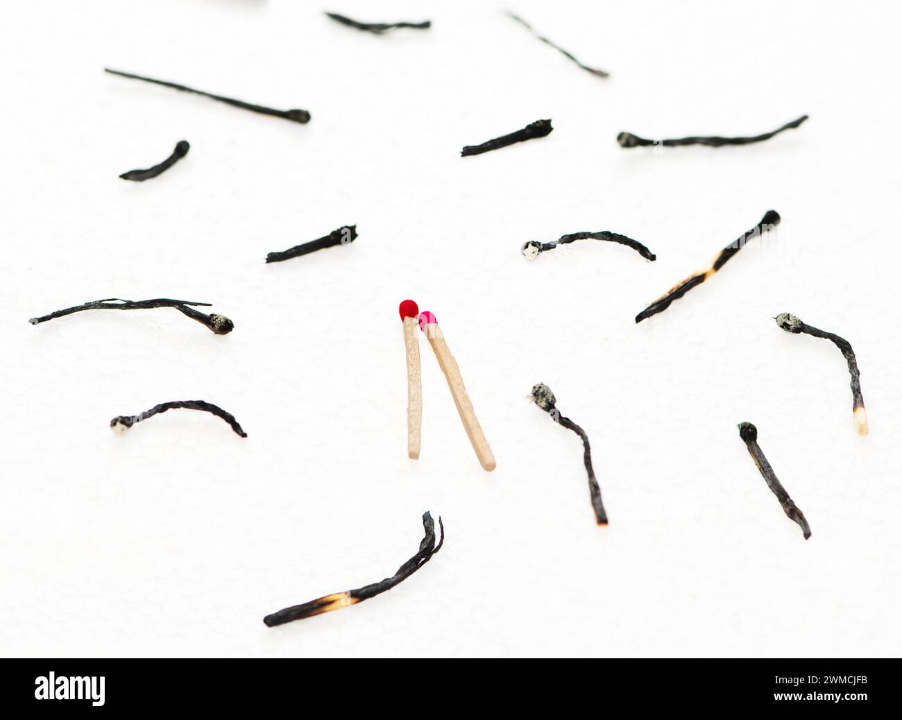 Two unused matchsticks surrounded by burnt matches to represent