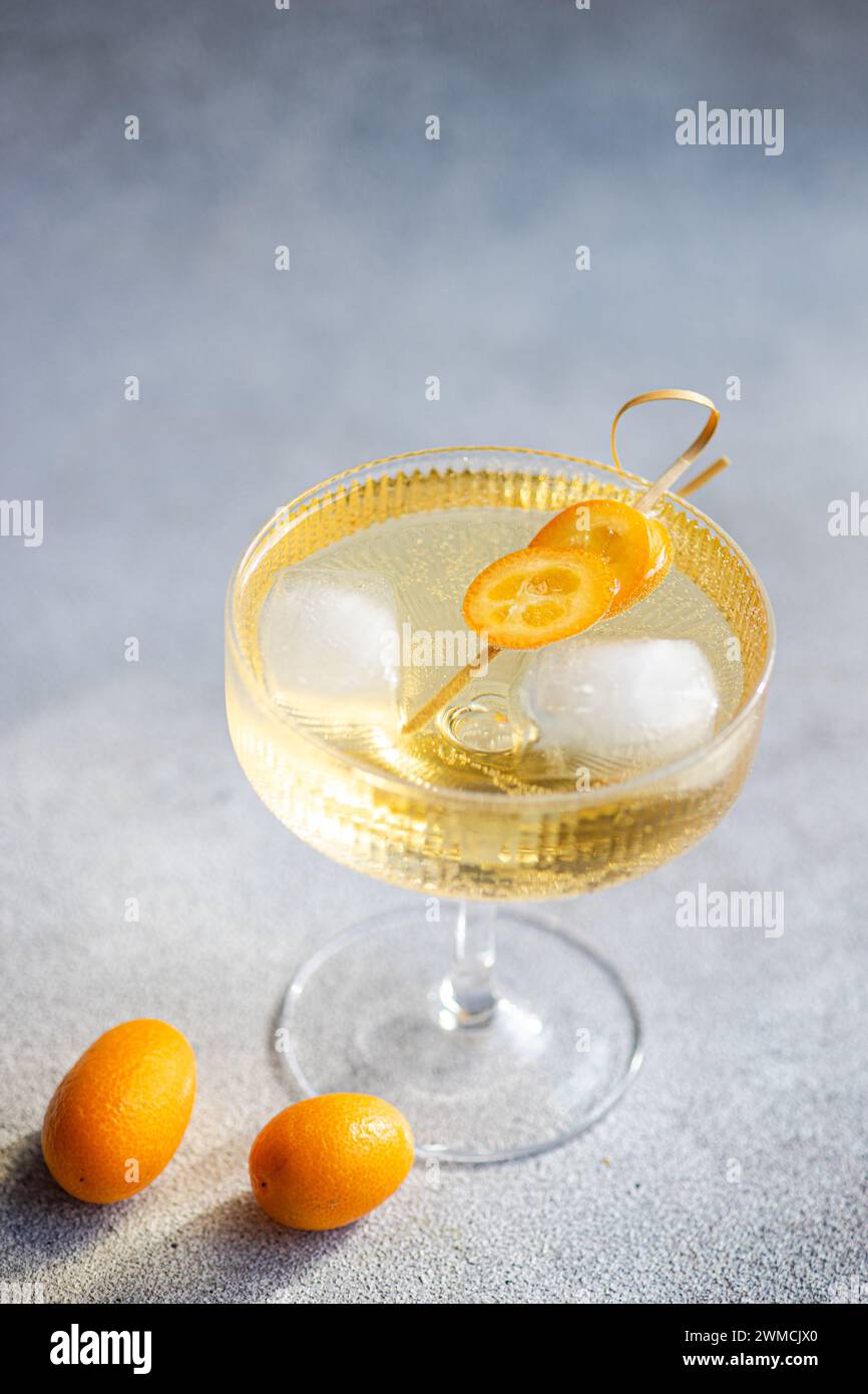 Close-up of a vodka tonic cocktail with kumquat garnish Stock Photo