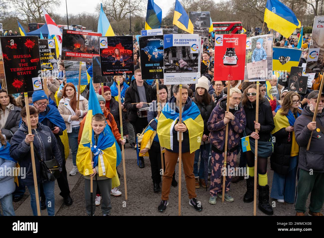 London, UK. 24th Feb, 2024. British Ukrainians gather at the start of the Stand With Ukraine Rally. Thousands of protesters held a rally, march and vigil to commemorate the second anniversary of the invasion of Ukraine by Russia. (Photo by James Willoughby/SOPA Images/Sipa USA) Credit: Sipa USA/Alamy Live News Stock Photo