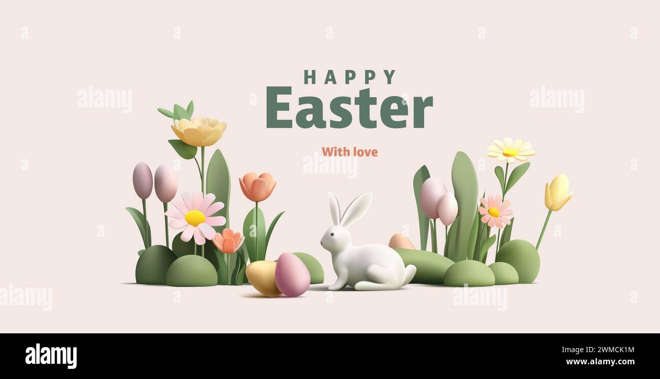 Happy Easter poster with 3d render Easter eggs and bunny in flowers ...