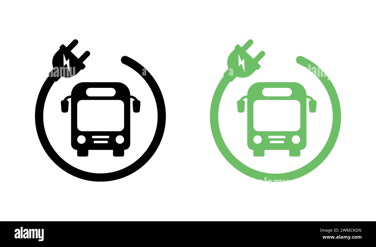 Green Electric Bus with plug. Electric Vehicle Silhouette Green Icon. Eco-friendly Auto Vehicle. EV icon. Vector Stock Illustration Stock Vector