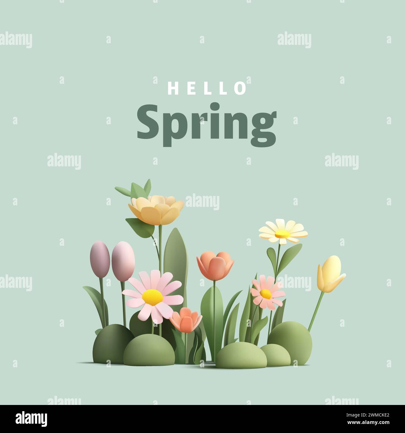 3d illustration of flowers with grass field, daisy and tulips on green hills. Cartoon render modern style banner Stock Vector