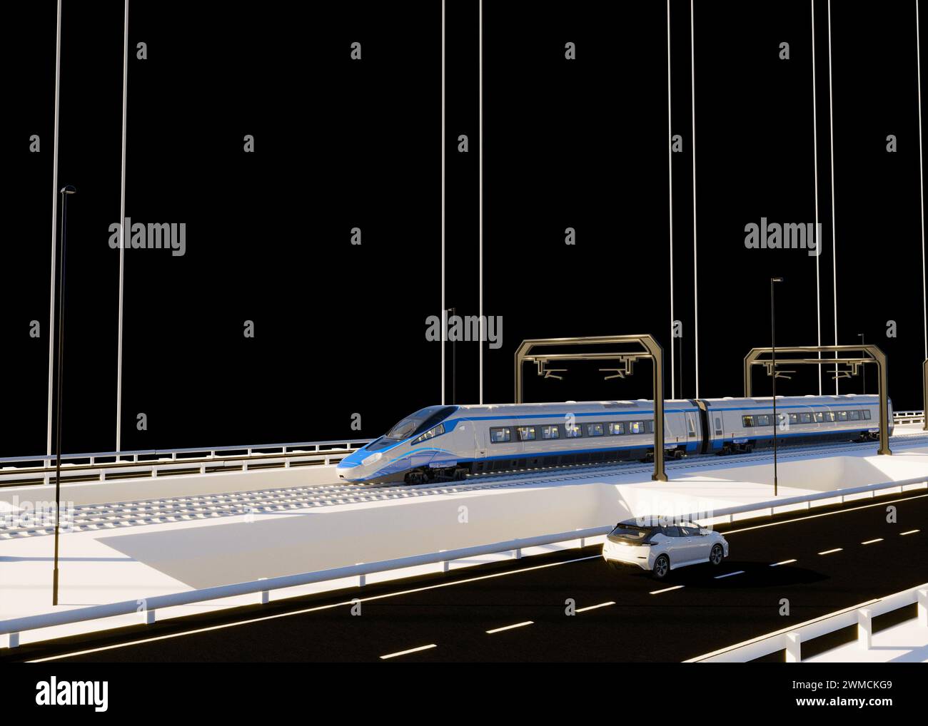 Bridge over the Strait of Messina, study of the deck and suspensions. Architectural project. Cars and trains traveling across the bridge. Italy Stock Photo