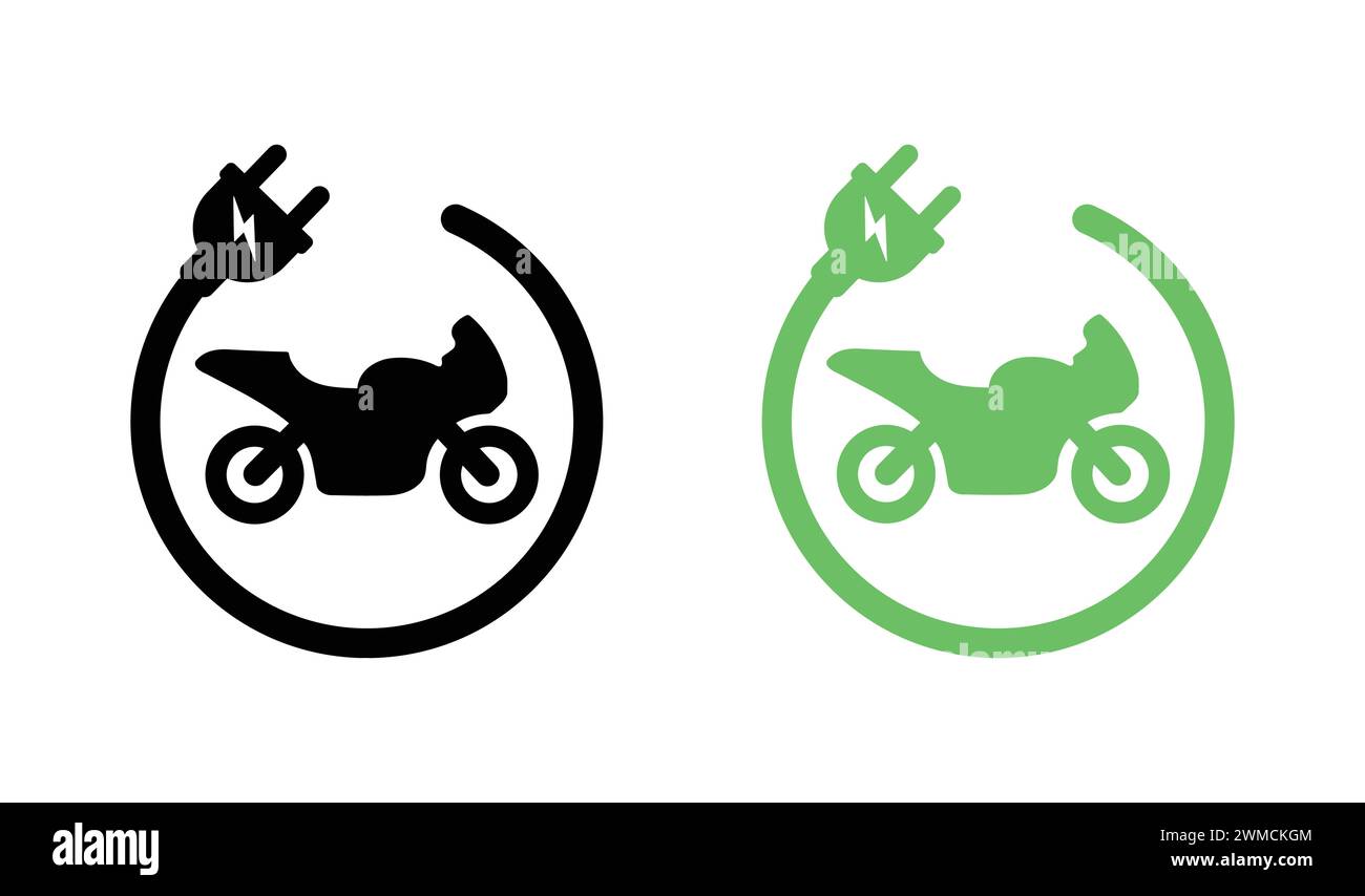 Electric Motorcycle Icon Set. Motorbike Silhouette. Motorcycle for Race Illustrations. Sportbike Vector Sign. Concept Green Energy Stock Vector