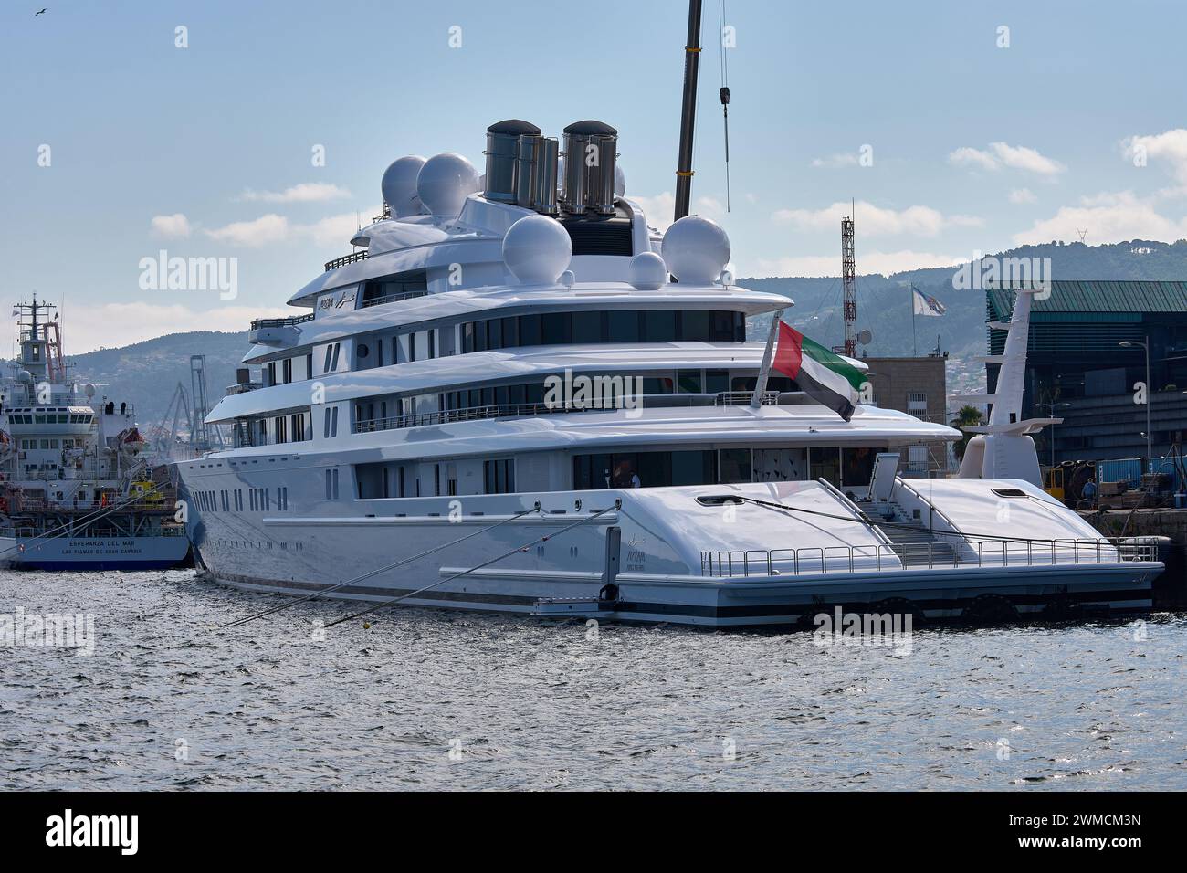 Vigo, Spain; June,29,2021; The Azzam is a yacht that has anti-missile defense technology and the master suite is armored and has bulletproof windows. Stock Photo