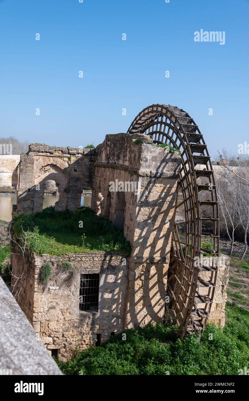 A large disused medieval wooden structured water wheel known as the Molino de la Albolafia on the banks of the Guadalquivir River and near the Roman b Stock Photo
