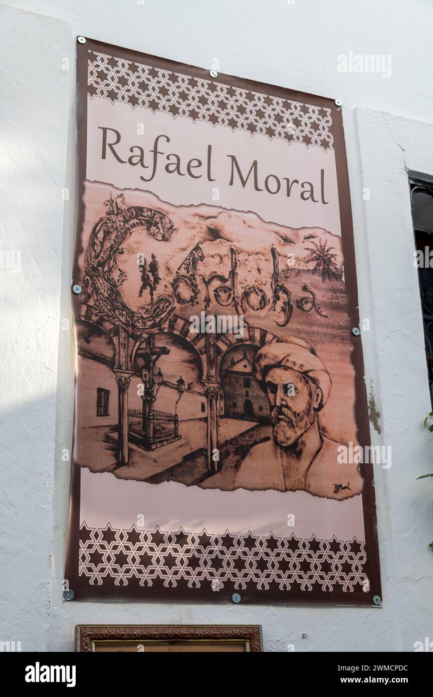 A restaurant ceramic wall tile illustrating Moses ben Maimon, a Sephardic rabbi & philosopher Torah scholar of the Spanish Middle Ages in the old Jewi Stock Photo