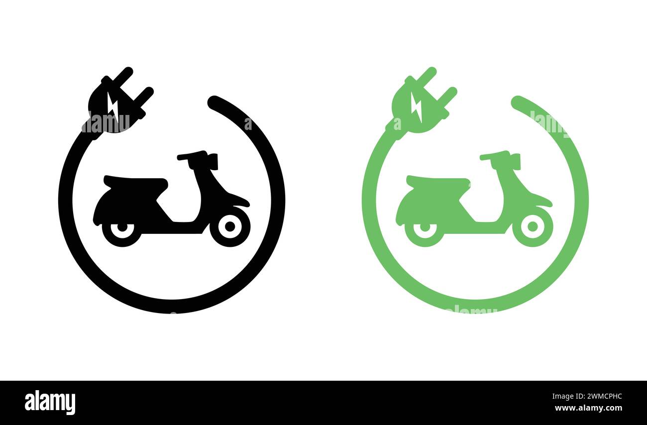 Electric Scooter Icon. Electric Motorcycle With Plug. Simple Scooter Moped Green Eco-Friendly Transportation. Delivery Bike. Vespa Vector Illustration Stock Vector