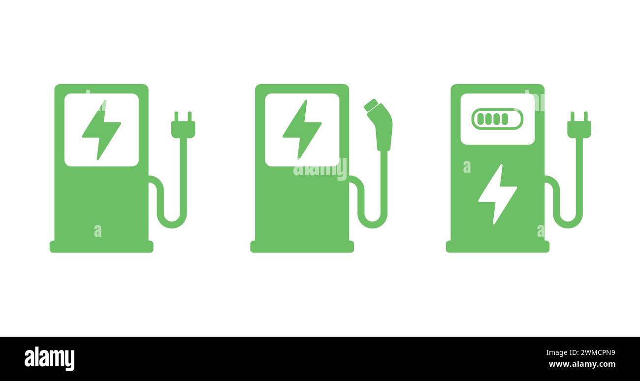 Green Electric Car Charger Icon. Charging Station For Electric Vehicles. Electric Fuel Pump For Hybrid Cars Sign. Charger With Plug For Electric Power Stock Vector