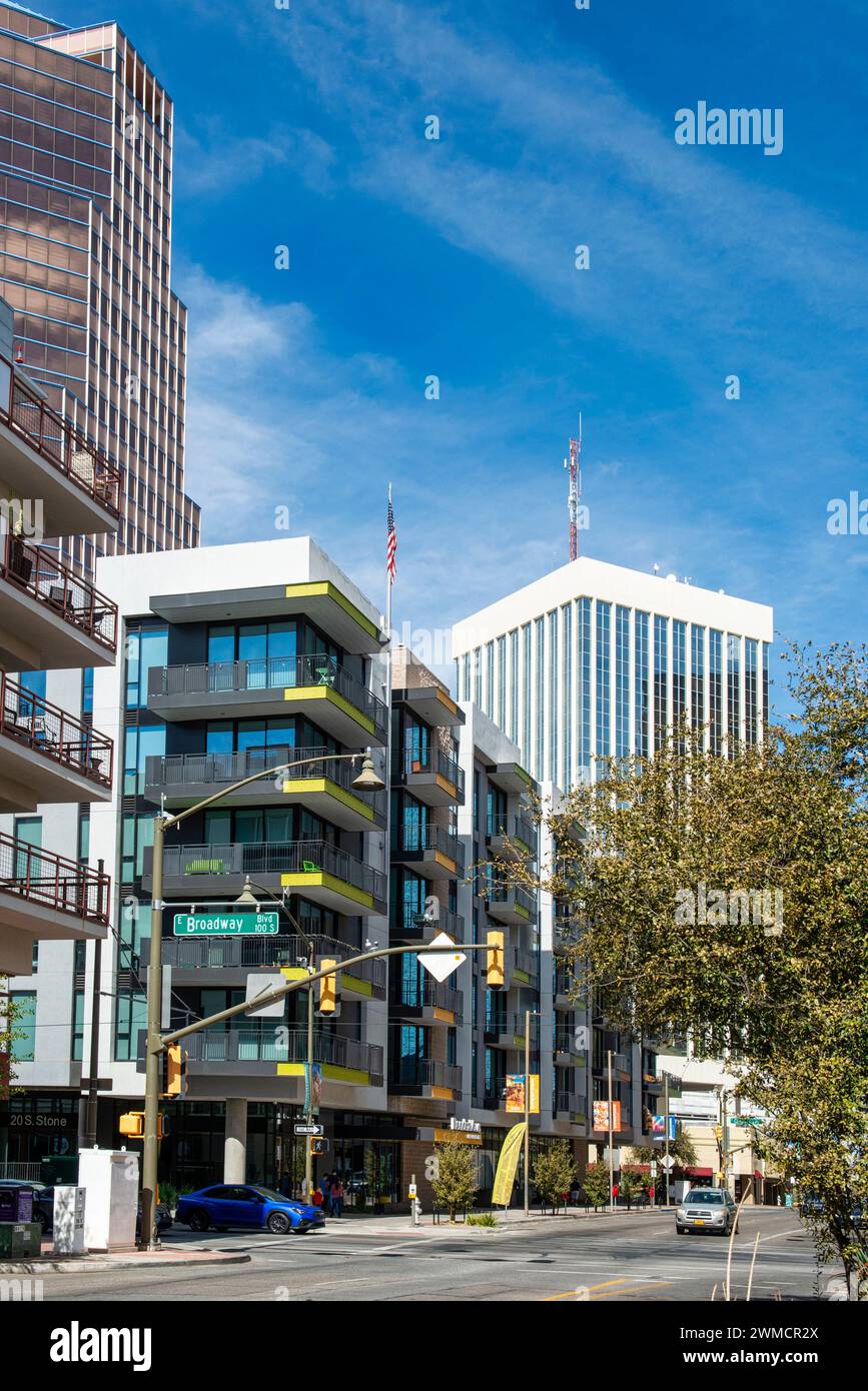 Downtown Tucson at the corner of Congress and Stone looking at the apartments and skyscrapers Stock Photo