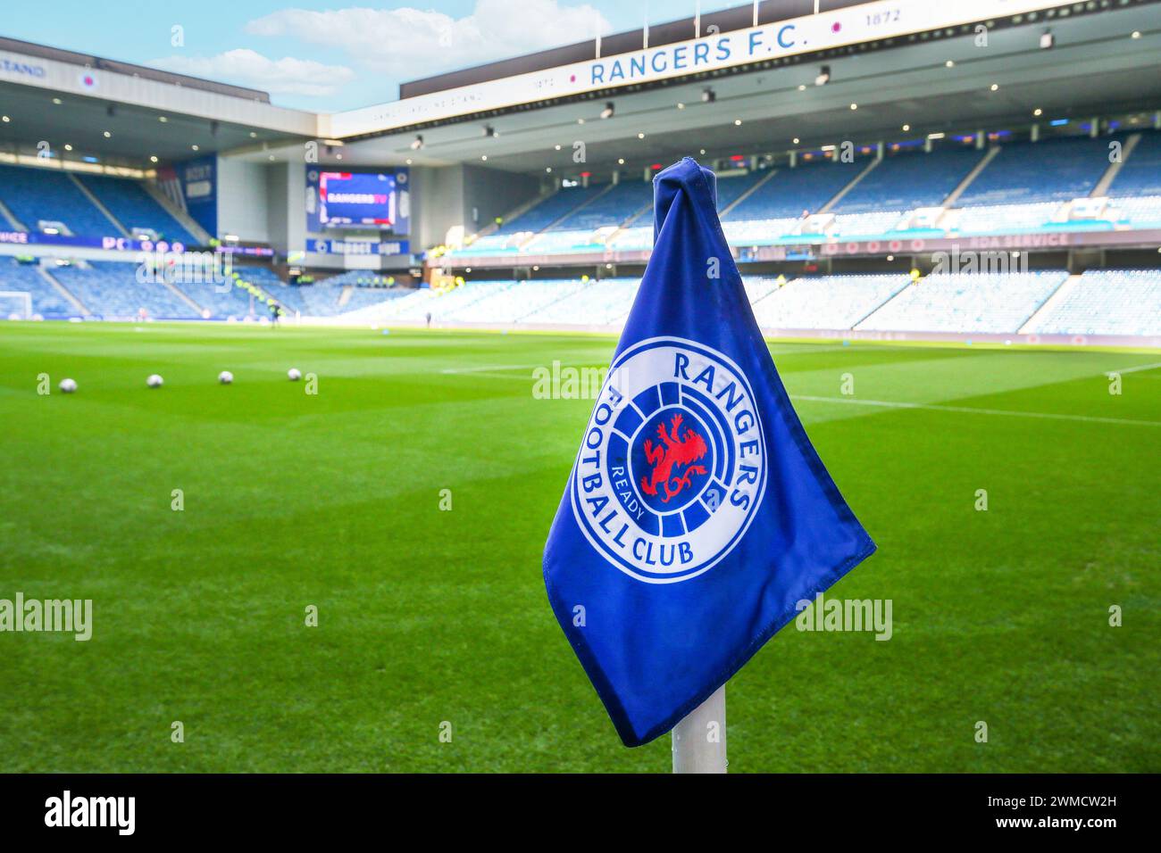 Playing pitch, corner flag and spectator stands inside Ibrox Stadium, home ground of Rangers Football Club, Glasgow, Scotland, UK Stock Photo