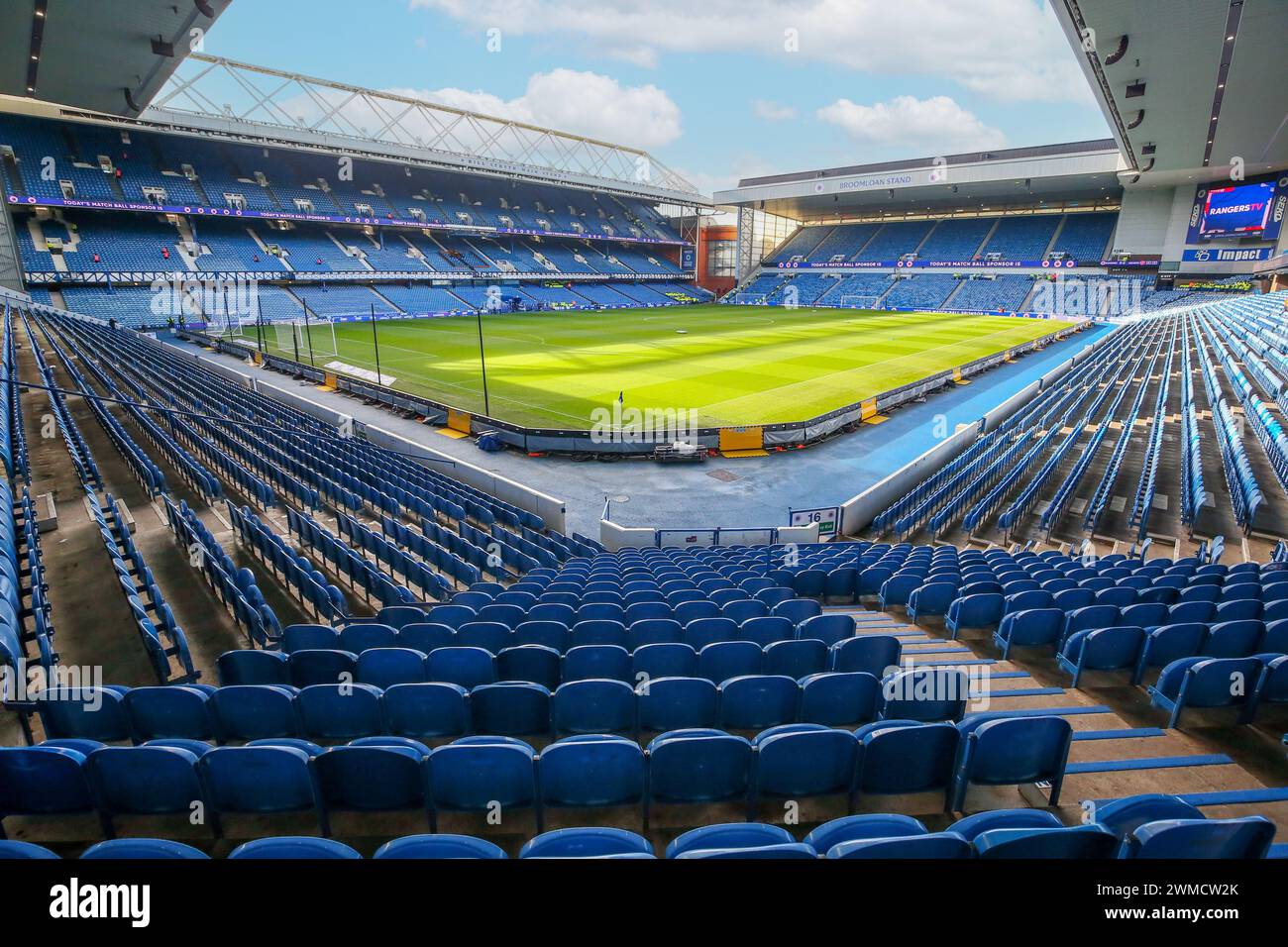 Playing pitch and spectator stands inside Ibrox Stadium, home ground of Rangers Football Club, Glasgow, Scotland, UK Stock Photo