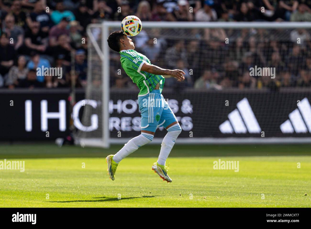 Seattle Sounders forward Raúl Ruidíaz (9) controls the ball during a MLS match against the LAFC, Saturday, February 24, 2022, at the BMO Stadium, in L Stock Photo
