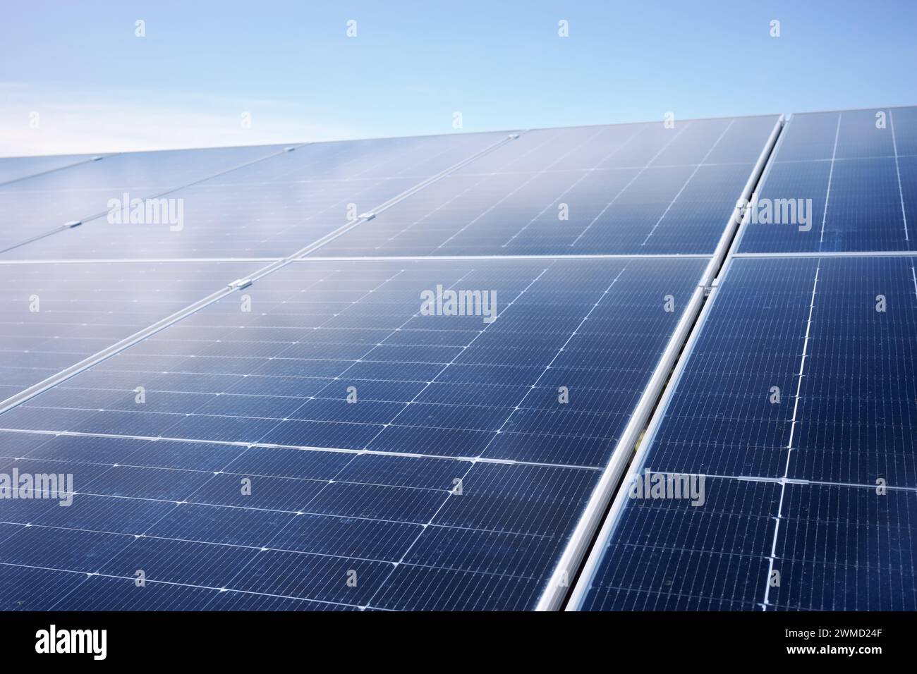 Photovoltaic modules on a sunny day, selective focus. Stock Photo