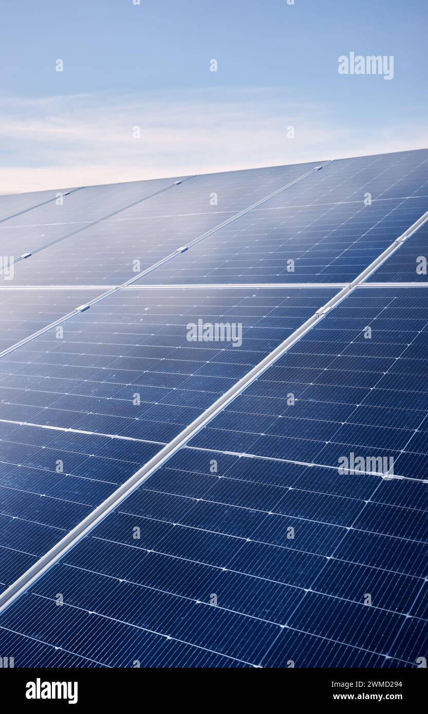 Photovoltaic modules on a sunny day, selective focus. Stock Photo