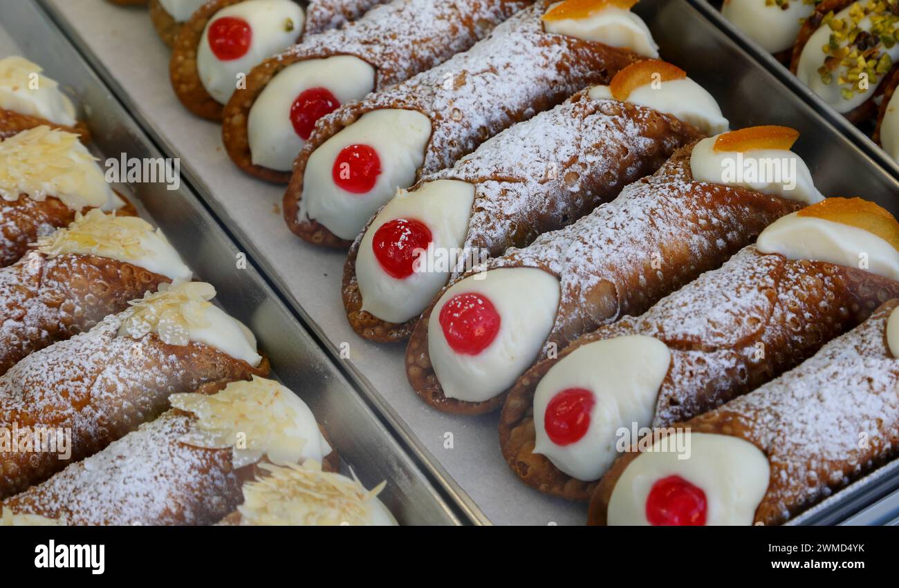 typical Sicilian dessert from southern Italy called CANNOLO SICILIANO filled with ricotta cheese candied cherry and citrus zest Stock Photo