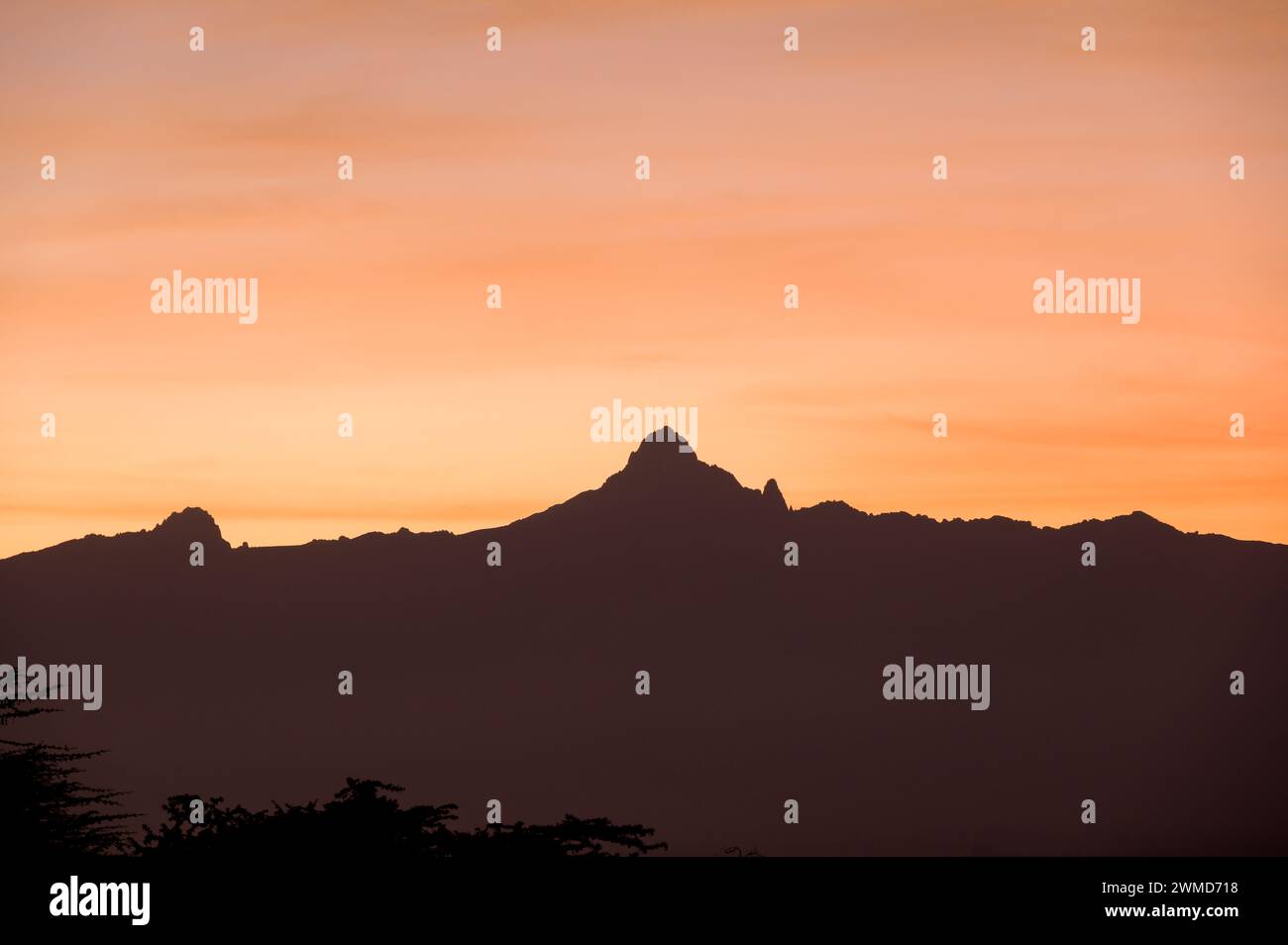 Mount Kenya at sunrise in silhouette against a warm orange sky, Kenya Stock Photo