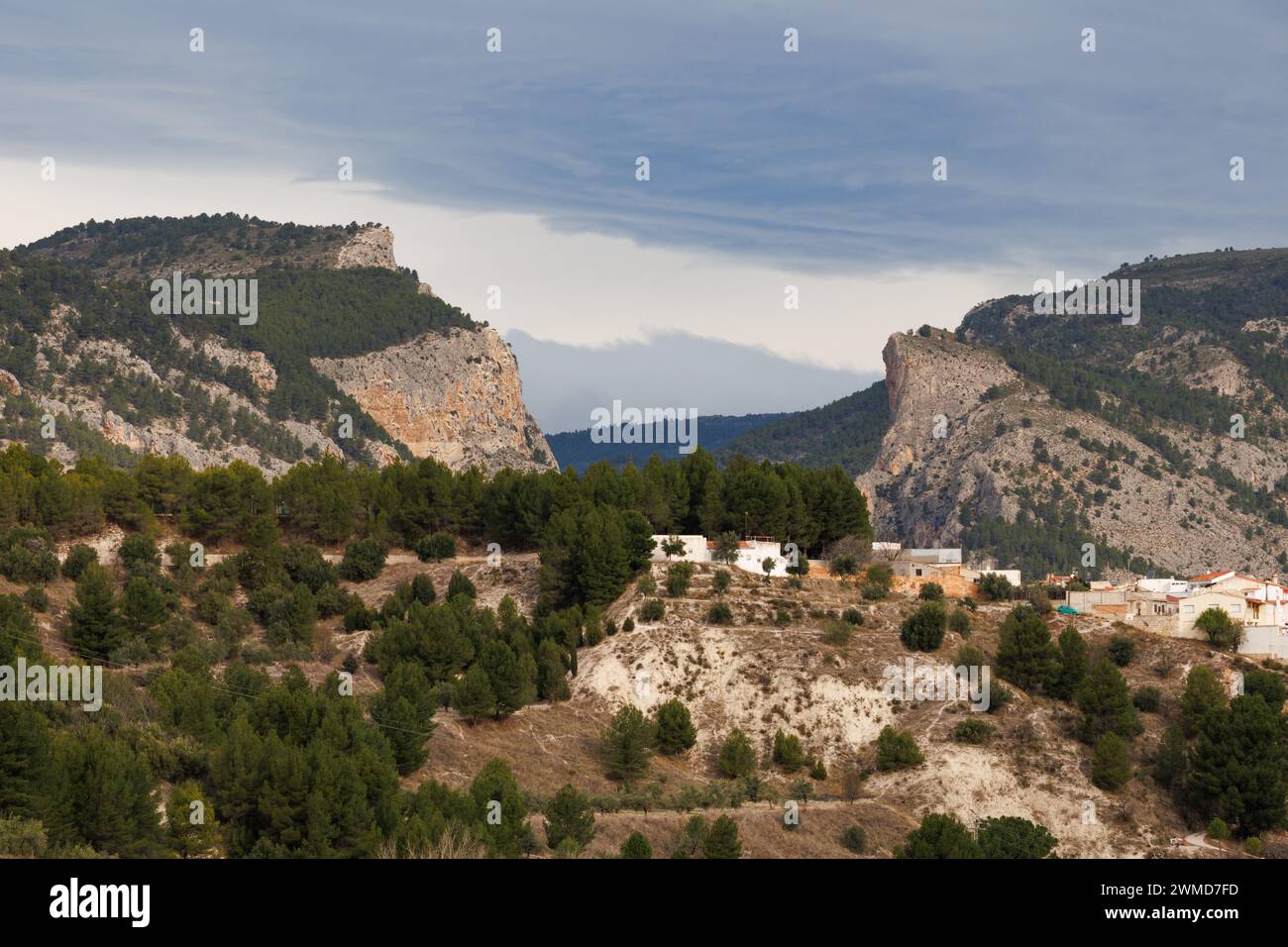 Landscape on cloudy day with the Barranc del Cint of Alcoi, Spain Stock Photo