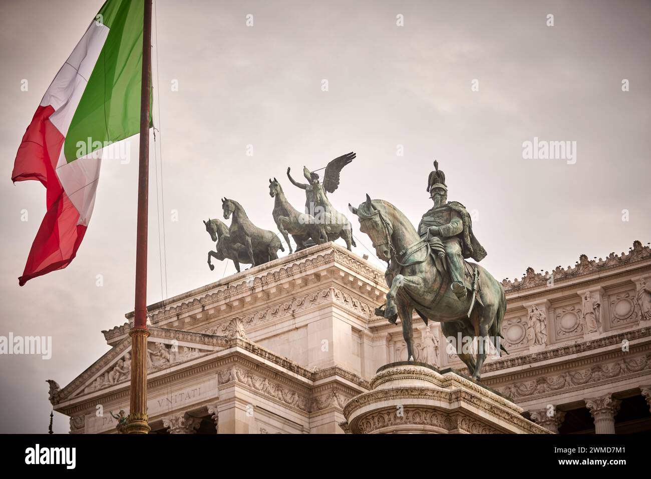 Grand marble neoclassical temple Monument to Victor Emmanuel II and Equestrian statue of Vittorio Emanuele II in Rome, Italy. Stock Photo