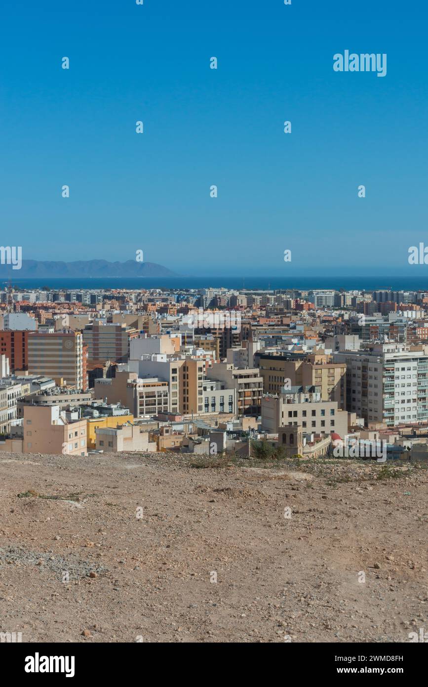 ALMERIA, SPAIN - 23 FEBRUARY 2024 Panorama of the Spanish city of Almeria in the autonomous community of Andalusia seen from the famous hill Cerro de Stock Photo