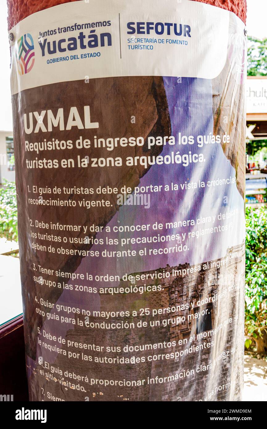 Merida Mexico,Puuc style Uxmal Archaeological Zone Site,Zona Arqueologica de Uxmal,classic Mayan city,sign notice information rules regulations,Mexica Stock Photo