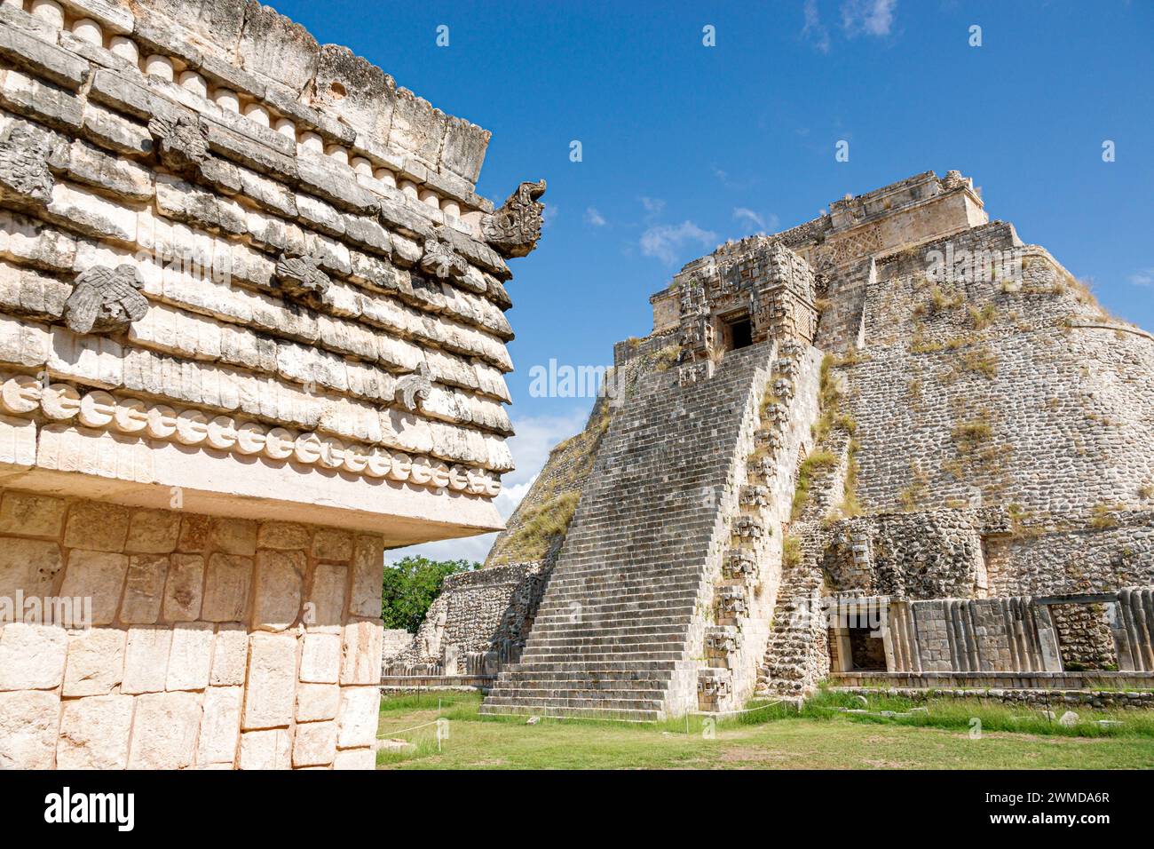 Merida Mexico,Puuc style Uxmal Archaeological Zone Site,Zona Arqueologica de Uxmal,classic Mayan city,Pyramid of the Magician Mesoamerican step pyrami Stock Photo