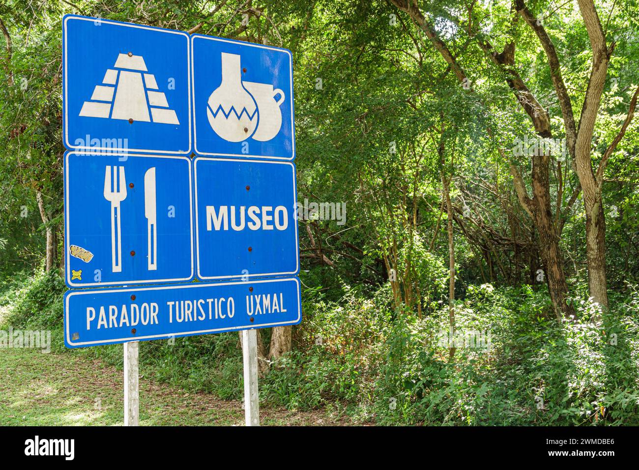 Merida Mexico,Puuc style Uxmal Archaeological Zone Site,Zona Arqueologica de Uxmal,classic Mayan city,sign information,tourism route,chocolate museum, Stock Photo