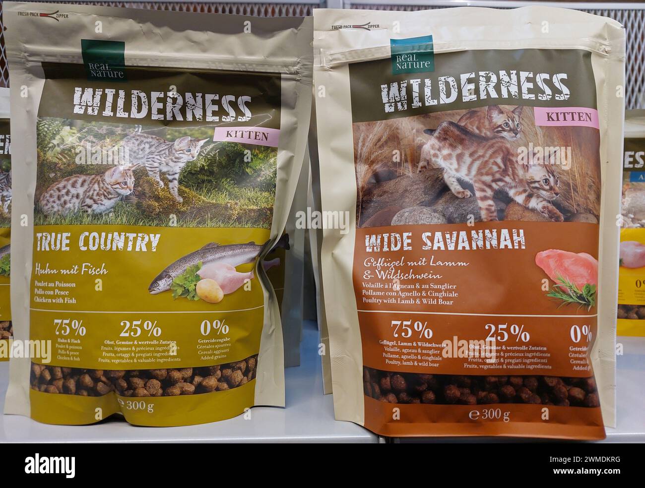 Wilderness cat food packs in a pet shop Stock Photo