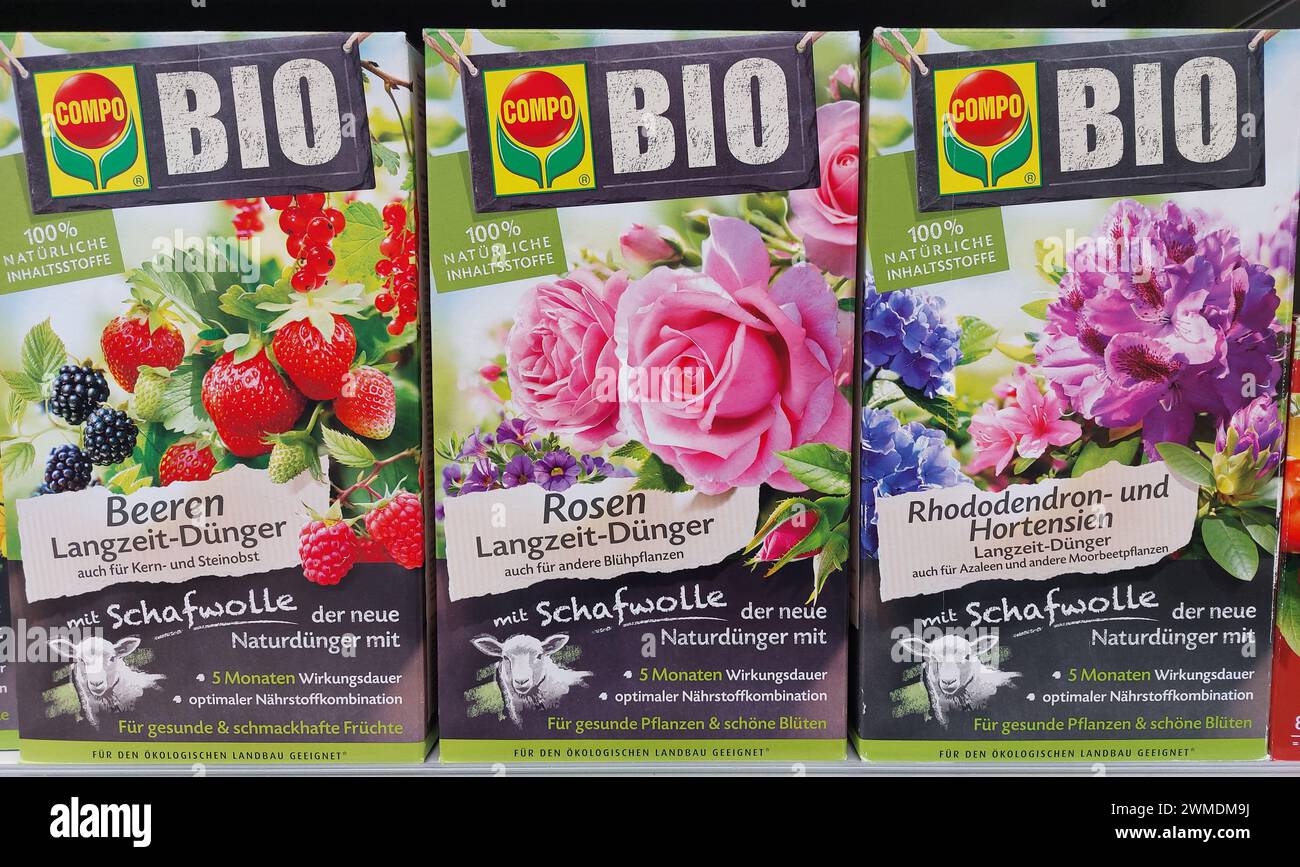 various Compo fertilizer packs in a supermarket Stock Photo