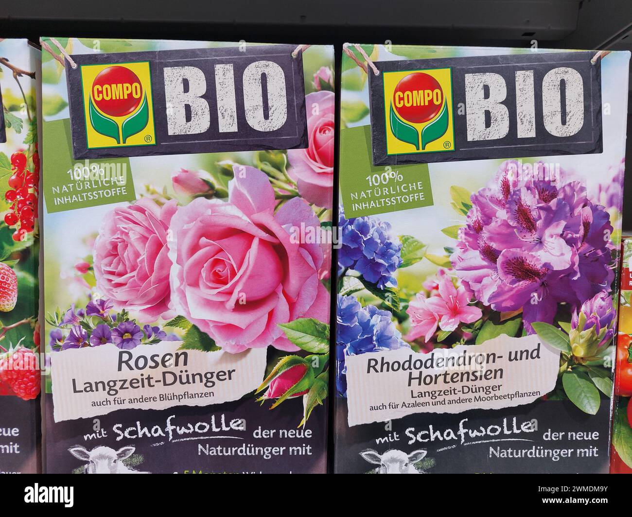 Compo fertilizer packs for rose flowers and rhododendron and hydrangeain plants a supermarket Stock Photo