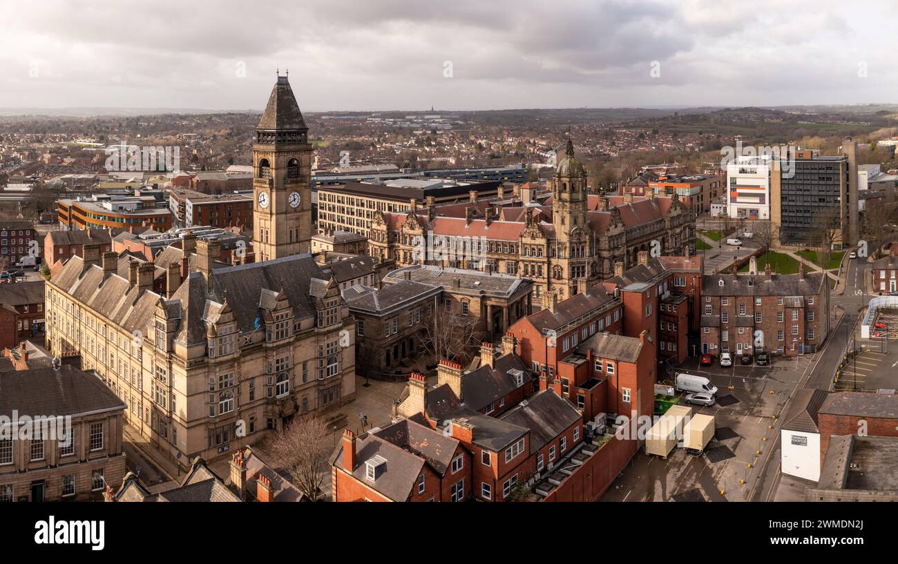 WAKEFIELD, WEST YORKSHIRE, UK - FEBRUARY 19, 2024.  Aerial panorama landscape of the historic Wakefield Town Hall and County hall buildings in a citys Stock Photo